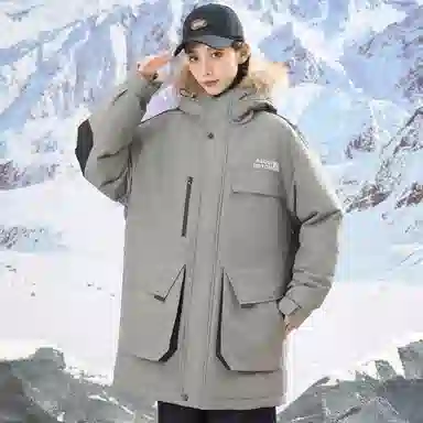 帕丁顿熊 纯色毛领派克中长款连帽宽松休闲外套防风防寒保暖加厚羽绒服 男女同款