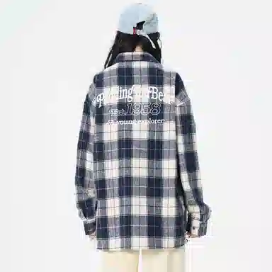 帕丁顿熊 美式字母印花宽松休闲仿毛呢多彩格纹长袖衬衫外套 男女同款
