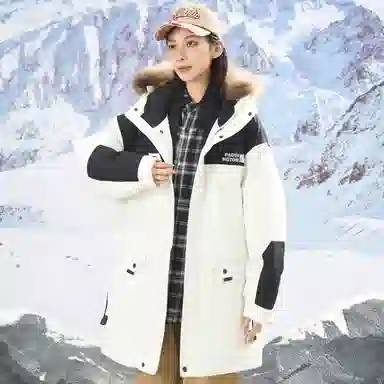 帕丁顿熊 纯色拼接毛领派克中长款连帽宽松休闲外套防风防寒保暖加厚羽绒服 男女同款