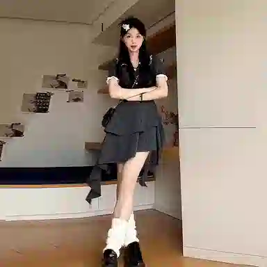 桴生 美式复古格纹收腰娃娃领不规则蛋糕式辣妹裙短袖连衣裙 女款