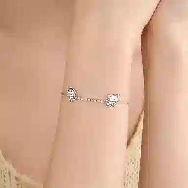 潮色绘 蜡笔小新联名 轻奢小众高级感首饰 日常通勤百搭蛇骨链 银色闪锆 粉色爱心贺卡#好运 铜 手链 女款