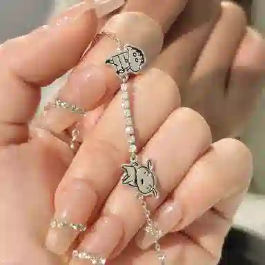 潮色绘 蜡笔小新联名 轻奢小众高级感首饰 日常通勤百搭蛇骨链 银色闪锆 粉色爱心贺卡#好运 铜 手链 女款