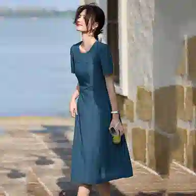 潞优野 优雅气质收腰显瘦裙短袖连衣裙 女款 孔雀蓝