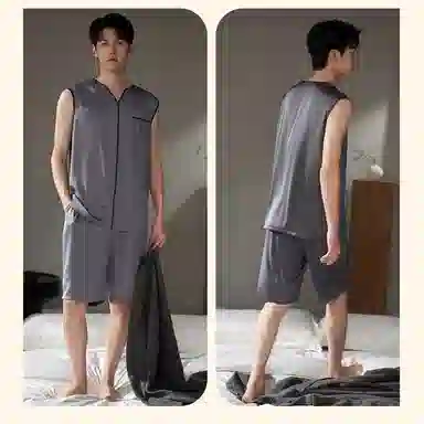 潞优野 无袖背心家居服简约纯色睡衣套装 男款