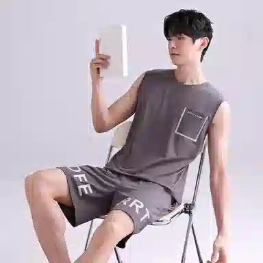 潞优野 圆领舒适无袖背心短裤睡衣套装 男款