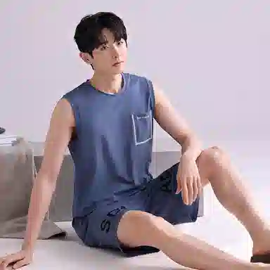 潞优野 圆领舒适无袖背心短裤睡衣套装 男款