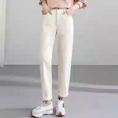 潞优野 女士高腰显瘦老爹烟管牛仔裤 女款 白色