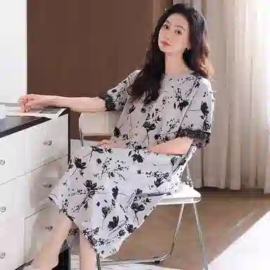 潞优野 舒适圆领透气中长款家居服短袖睡裙 女款