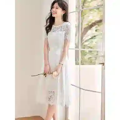 潞优野 优雅蕾丝圆领修身收腰短袖连衣裙 女款
