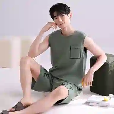 潞优野 圆领舒适无袖背心短裤睡衣套装 男款