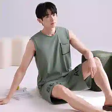 潞优野 圆领舒适无袖背心短裤睡衣套装 男款