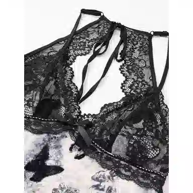 潞优野 甜美蝴蝶提花吊带睡裙长袖外袍睡衣套装 女款 米色