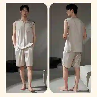 潞优野 无袖背心家居服简约纯色睡衣套装 男款