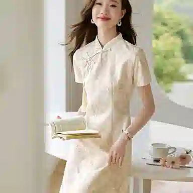 潞优野 新中式系列 气质改良旗袍高腰短袖连衣裙 女款