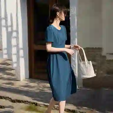 潞优野 优雅气质收腰显瘦裙短袖连衣裙 女款 孔雀蓝