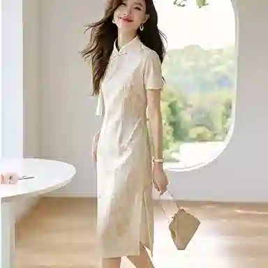 潞优野 新中式系列 气质改良旗袍高腰短袖连衣裙 女款