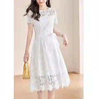 潞优野 优雅蕾丝圆领修身收腰短袖连衣裙 女款