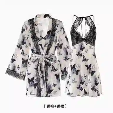潞优野 甜美蝴蝶提花吊带睡裙长袖外袍睡衣套装 女款 米色