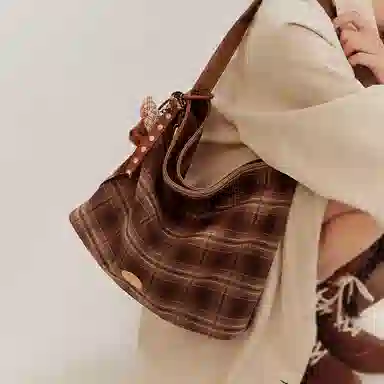 TOUTOU Vintage Plaid Tote Bag Chocolate Brown