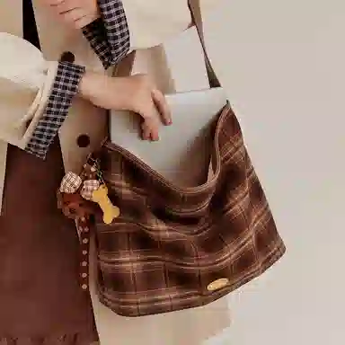 TOUTOU Vintage Plaid Tote Bag Chocolate Brown