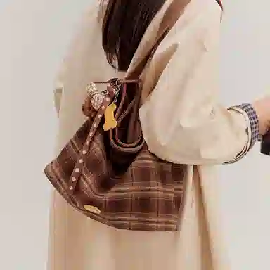 TOUTOU Vintage Plaid Tote Bag Chocolate Brown