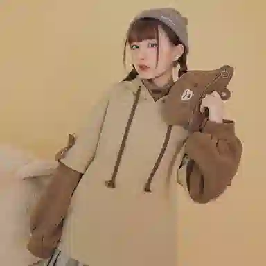 森女部落 假两件拼色拼接加绒长袖连帽卫衣 女款 棕色