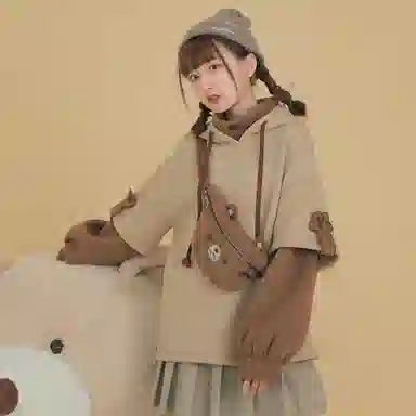 森女部落 假两件拼色拼接加绒长袖连帽卫衣 女款 棕色