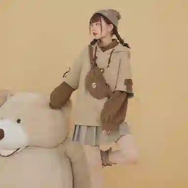 森女部落 假两件拼色拼接加绒长袖连帽卫衣 女款 棕色