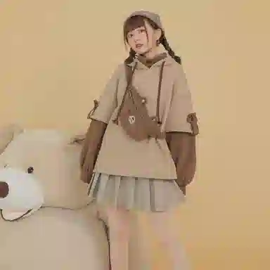 森女部落 假两件拼色拼接加绒长袖连帽卫衣 女款 棕色