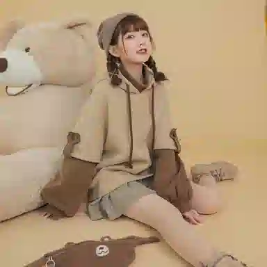 森女部落 假两件拼色拼接加绒长袖连帽卫衣 女款 棕色