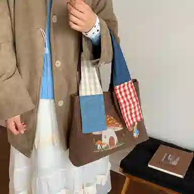 布依诺 日系复古拼接刺绣学院风百搭 牛津布 单肩包 女款 咖色/米白色/牛仔蓝