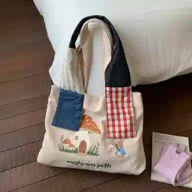 布依诺 日系复古拼接刺绣学院风百搭 牛津布 单肩包 女款 咖色/米白色/牛仔蓝