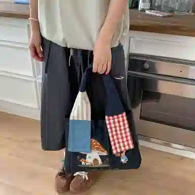 布依诺 日系复古拼接刺绣学院风百搭 牛津布 单肩包 女款 咖色/米白色/牛仔蓝