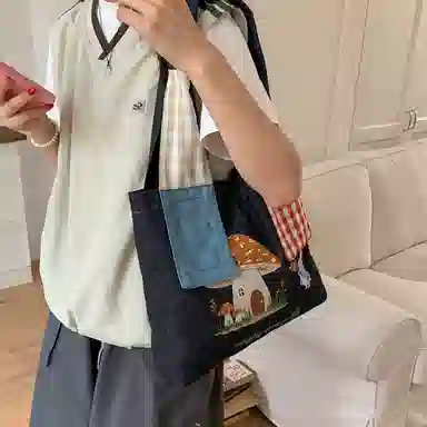 布依诺 日系复古拼接刺绣学院风百搭 牛津布 单肩包 女款 咖色/米白色/牛仔蓝