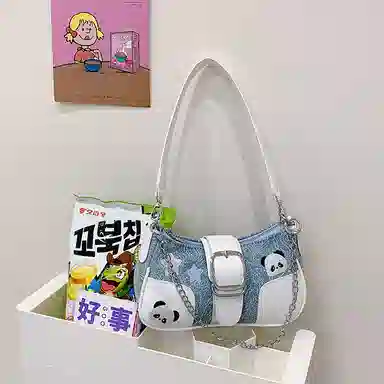 布依诺 可爱熊猫甜酷辣妹时尚质感通勤 牛津布 单肩包 女款 蓝色/黑色/浅蓝色