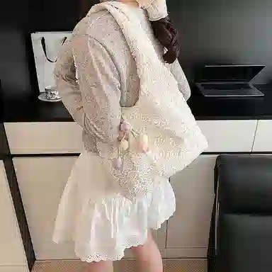 布依诺 韩系小清新森系蕾丝花朵刺绣通勤 布料 托特包手提单肩包 女款 米色