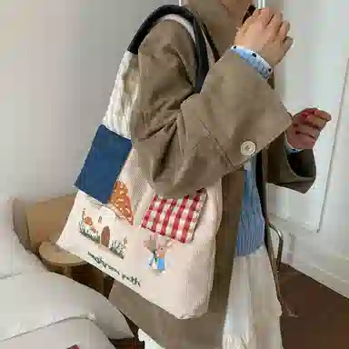 布依诺 日系复古拼接刺绣学院风百搭 牛津布 单肩包 女款 咖色/米白色/牛仔蓝