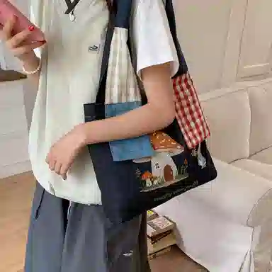布依诺 日系复古拼接刺绣学院风百搭 牛津布 单肩包 女款 咖色/米白色/牛仔蓝