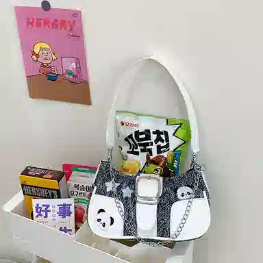 布依诺 可爱熊猫甜酷辣妹时尚质感通勤 牛津布 单肩包 女款 蓝色/黑色/浅蓝色