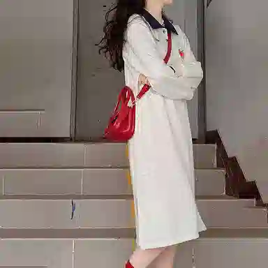 冰淇淋与鲸 休闲宽松开叉长袖连衣裙 燕麦灰色