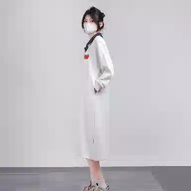 冰淇淋与鲸 休闲宽松开叉长袖连衣裙 燕麦灰色