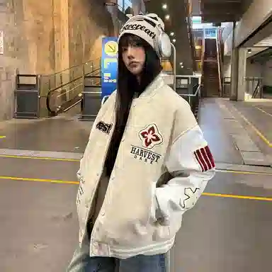 美式复古高街潮流字母刺绣宽松百搭运动休闲夹克外套棒球服 男女同款