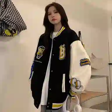 美式潮牌高街重磅撞色趣味小熊字母刺绣拼接外套街头痞帅潮流舒适百搭宽松休闲领落肩垂感直筒开衫棒球服 男女同款