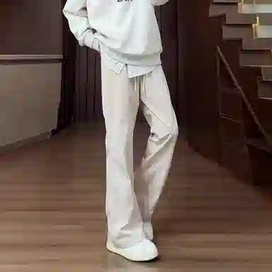 虫小绿 美式复古斜切拼接潮流户外百搭宽松显瘦显高遮肉工装微喇弯刀休闲裤针织运动裤 男女同款