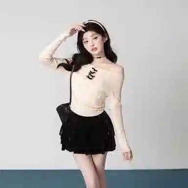 花铃太太 一字领蝴蝶结镂空针织衫 女款