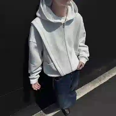悍戈 美式高街纯色宽松解构拼接连帽情侣春秋季潮流百搭运动长袖拉链开衫卫衣 男女同款