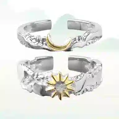 华髻 国潮日月生辉轻奢开口太阳月亮小众高级感时尚个性百搭不规则对戒开口可调节指环天生一对配饰 锆石 戒指 男女同款情侣款