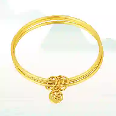 华髻 新中式国潮三生三世福牌 三层叠戴细圈素福牌轻奢百搭高级感气质  国潮复古 古法传承金色 手镯 女款 礼物