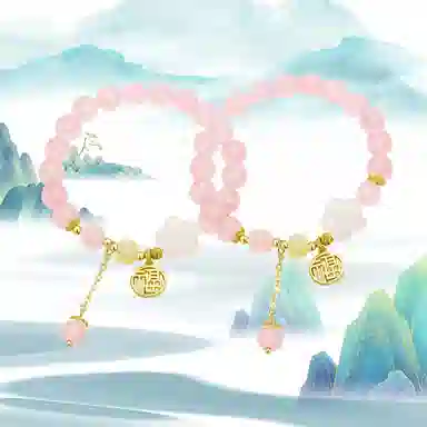 华髻 新中式福牌桃花精致小清新甜妹福牌粉色招桃花中国风高级感甜美可爱纯欲风文玩叠戴 玻璃 手串 女款
