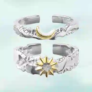 华髻 国潮日月生辉轻奢开口太阳月亮小众高级感时尚个性百搭不规则对戒开口可调节指环天生一对配饰 锆石 戒指 男女同款情侣款